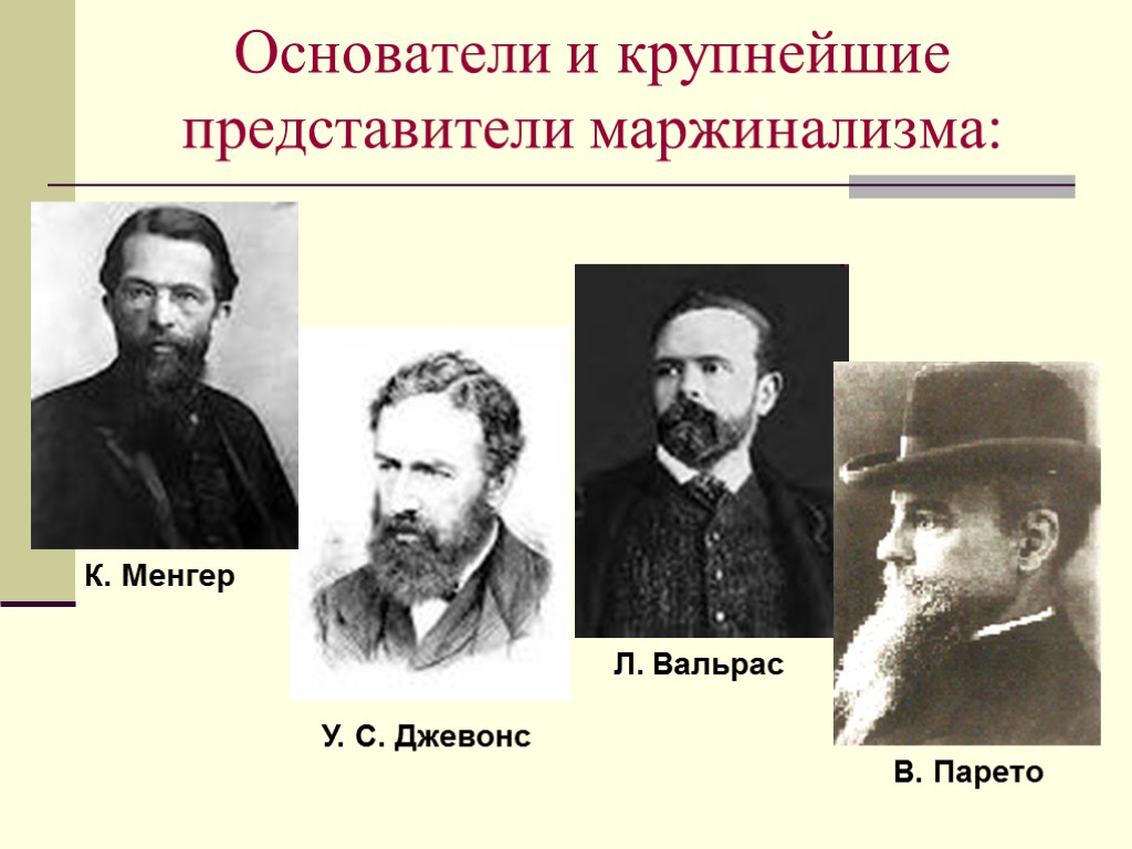 Основатели и крупнейшие представители маржинализма: К. Менгер У. С. Джевонс Л. Вальрас В. Парето